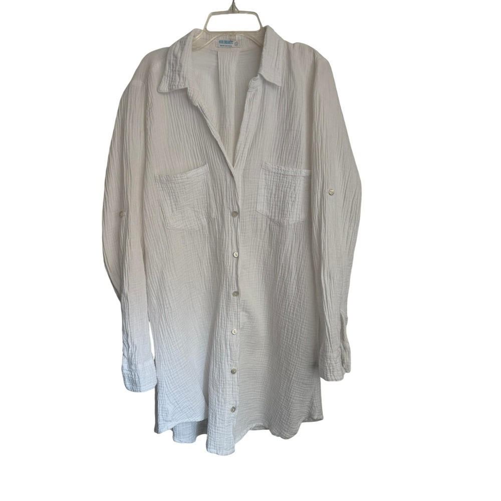 4our Dreamers White Cotton Gauze Roll Tab Tunic Button Down Shirt Womens Large
